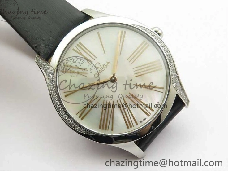 0420 StreetReady Ladies’ De Ville Trésor Diamond SS 3AF 1:1 Best Edition White MOP Dial RG Markers On Black Fabric strap Swiss Quartz 7884